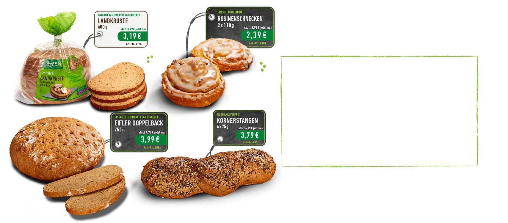 Angebot glutenfreie Landkruste, Eifler Doppelback, Rosinenschnecken, Körnerstangen