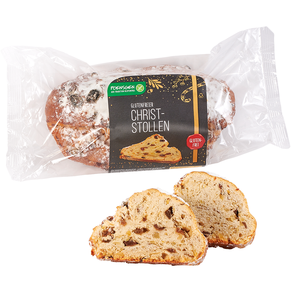 Poensgen glutenfreier Christstollen 500g Zwei Scheiben Christstollen mit Rosinen und Puderzucker bestäubt neben der Produktverpackung mit dunklem, festlichem Etikett