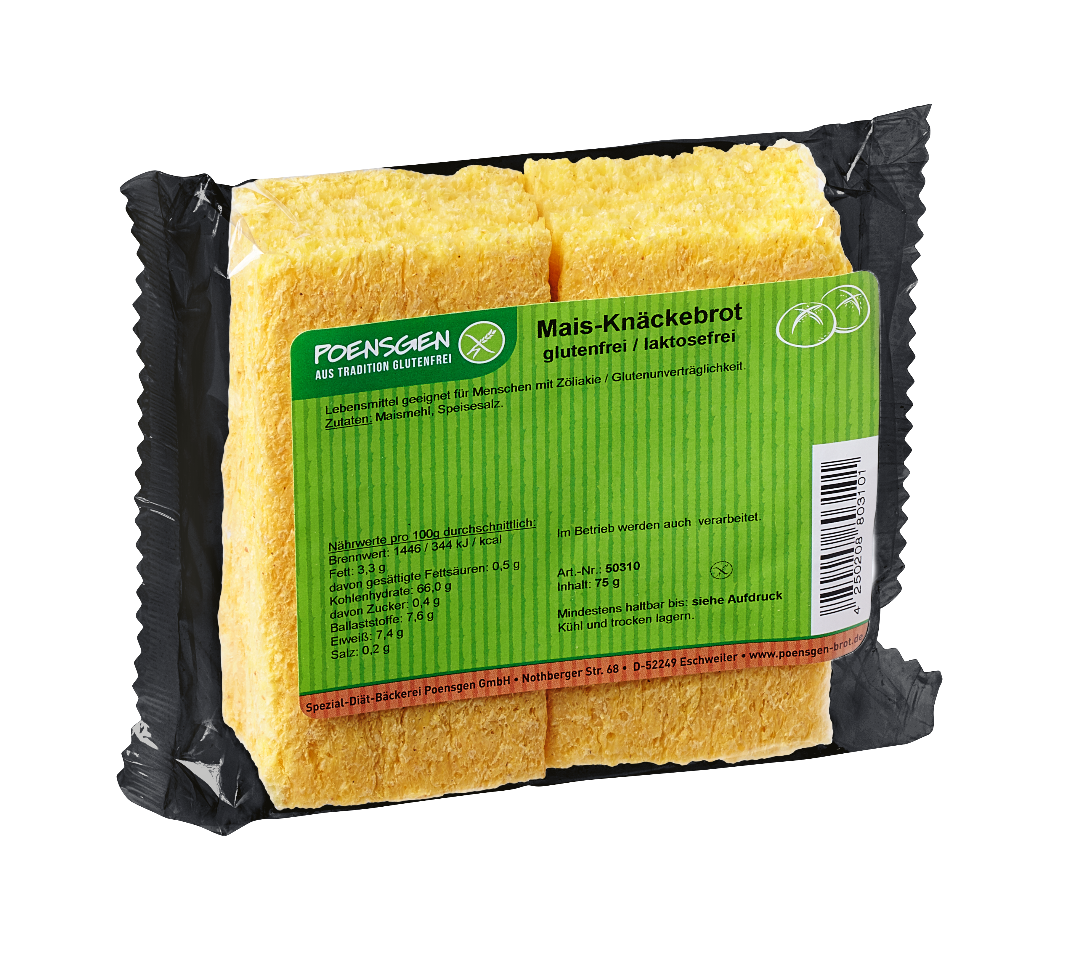 Poensgen glutenfreies Mais-Knäckebrot Helles, rechteckiges Mais-Knäckebrot in Produktverpackung mit grünem Etikett