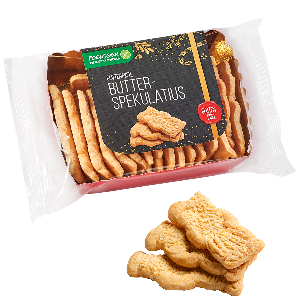 Poensgen glutenfreier Butterspekulatius 125g Drei Spekulatius-Kekse in traditoneller figürlicher Form neben der Produktverpackung mit dunklem, festlichen Etikett