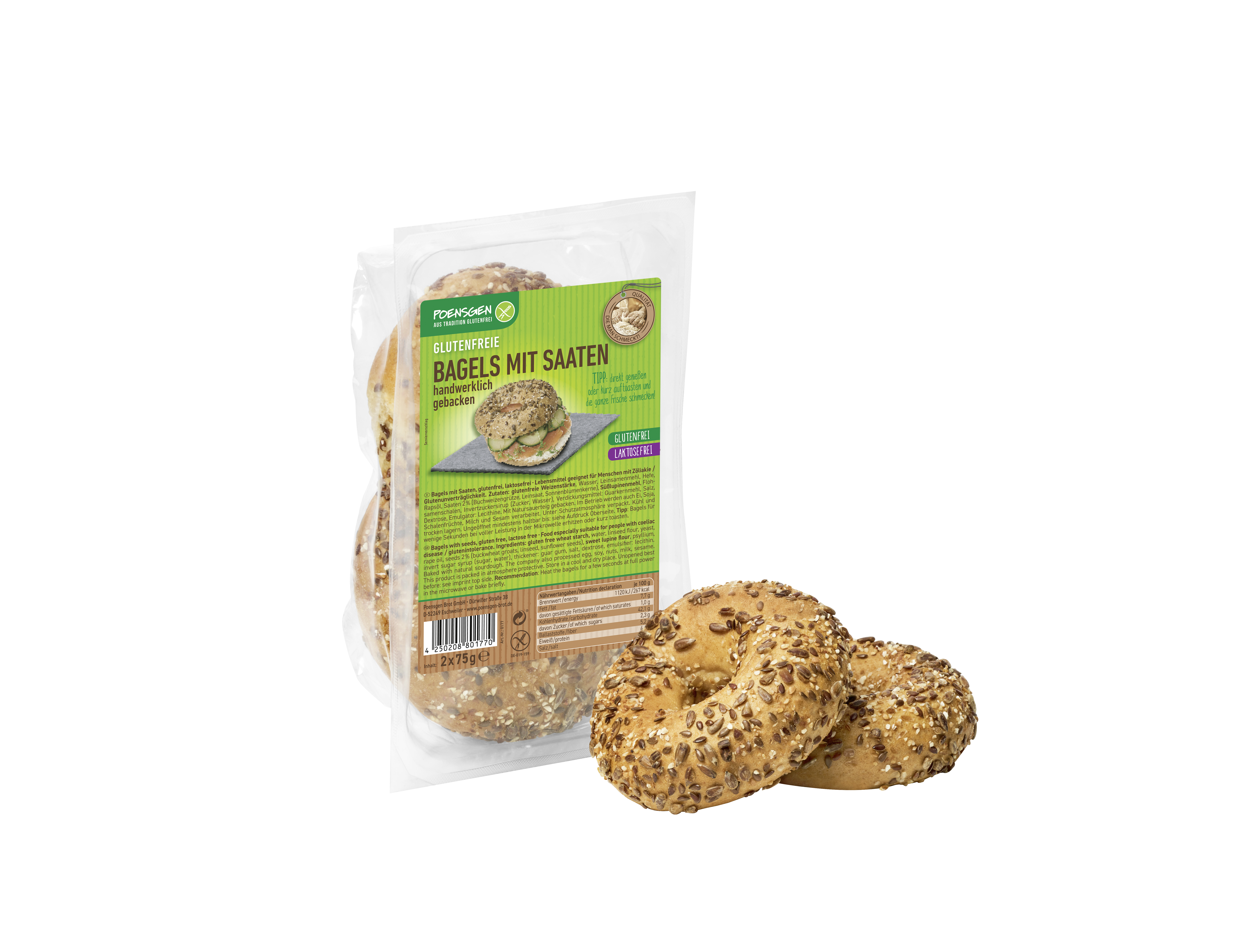 Zwei haltbare, glutenfreie, laktosefreie Bagels, garniert mit reichlich Saaten neben der Poensgen Produktpackung