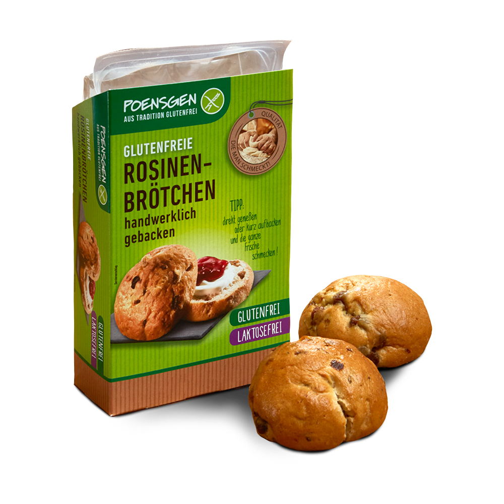 Poensgen glutenfreie Rosinenbrötchen 2x75g Zwei goldbraune runde Rosinenbrötchen mit sichtbaren Rosinen neben der Produktverpackung mit grünem Schuber