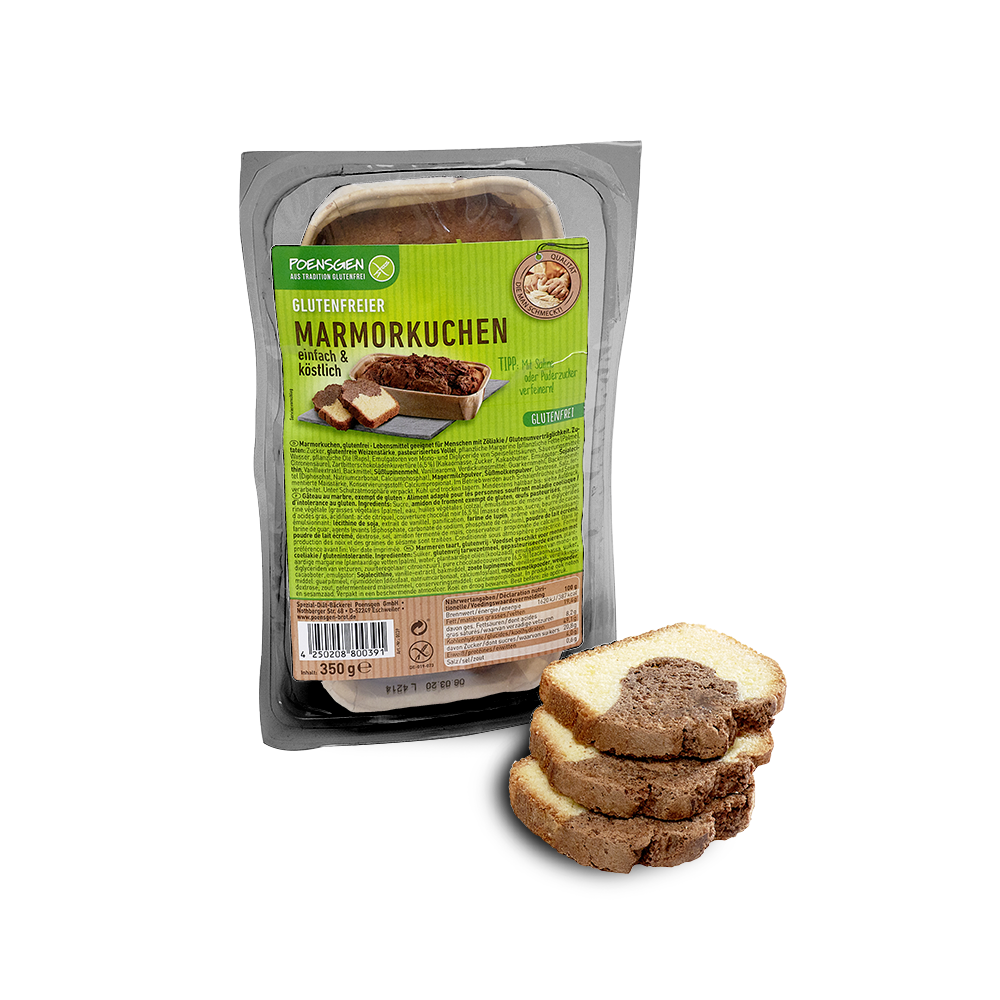 Poensgen glutenfreier Marmorkuchen 350g Drei Scheiben Marmorkuchen gestapelt neben der Produktverpackung mit einem ganzen Marmorkuchen in einer Papierschale