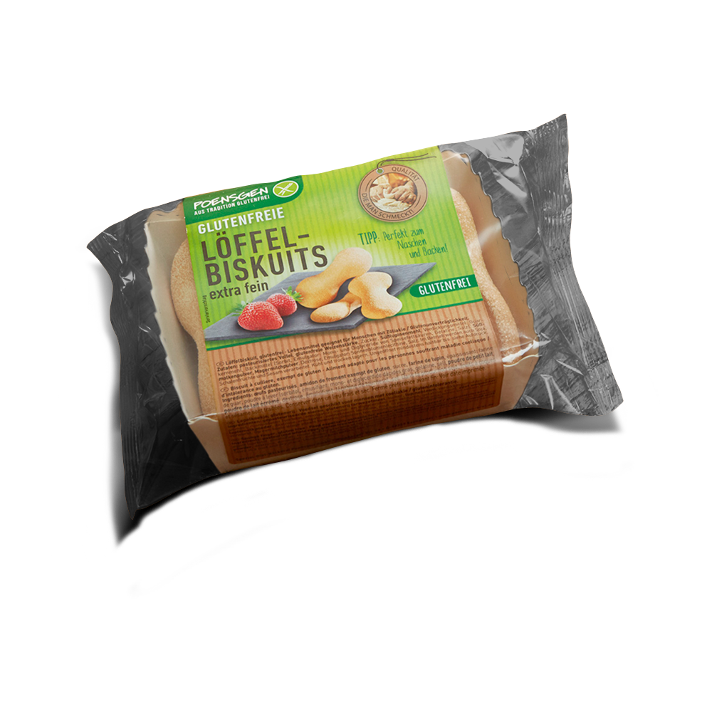 Poensgen glutenfreie Löffelbiskuit 80g Glutenfreie Löffelbiskuit in typischer Fingerform mit leichter Zuckerkruste in Produktverpackung mit grünem Etikett