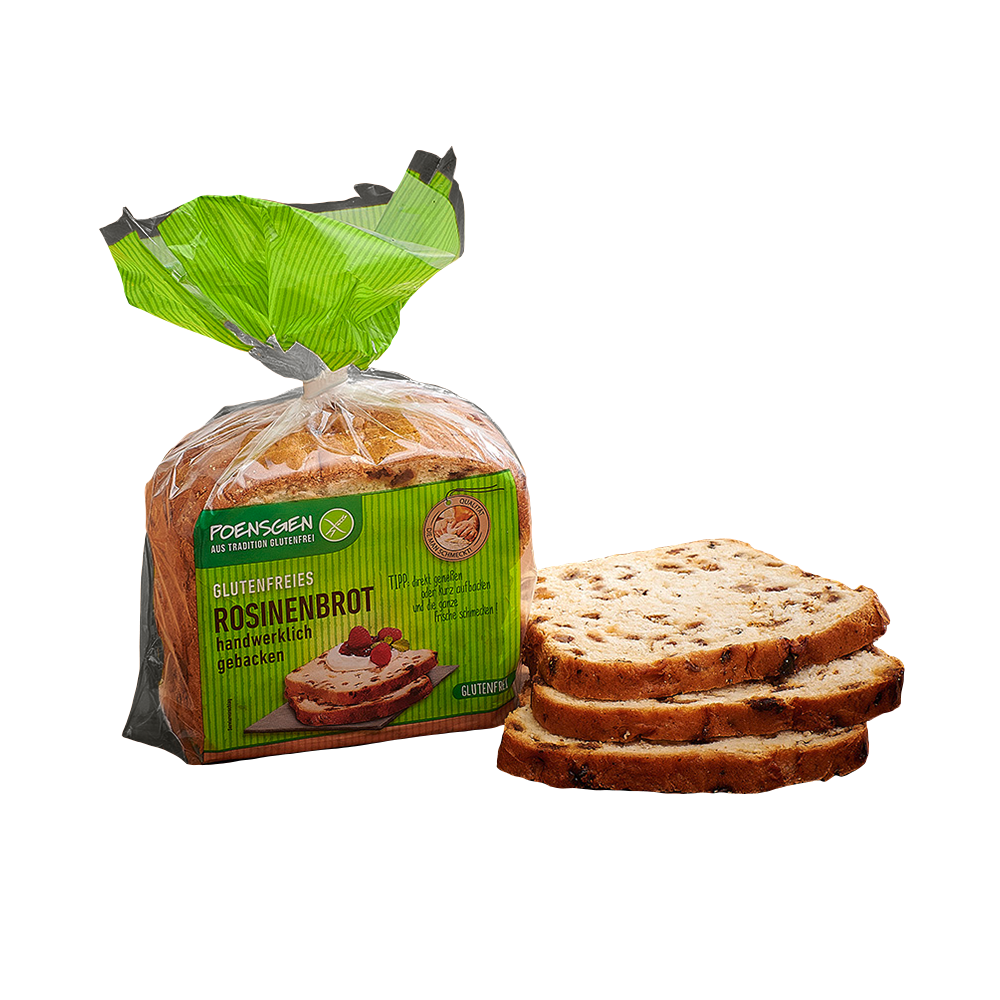 Poensgen glutenfreies Rosinenbrot, 400 g Drei braune Scheiben von Poensgen Rosinenbrot, daneben die Produktverpackung, eine transparente Brottüte mit grünem Etikett