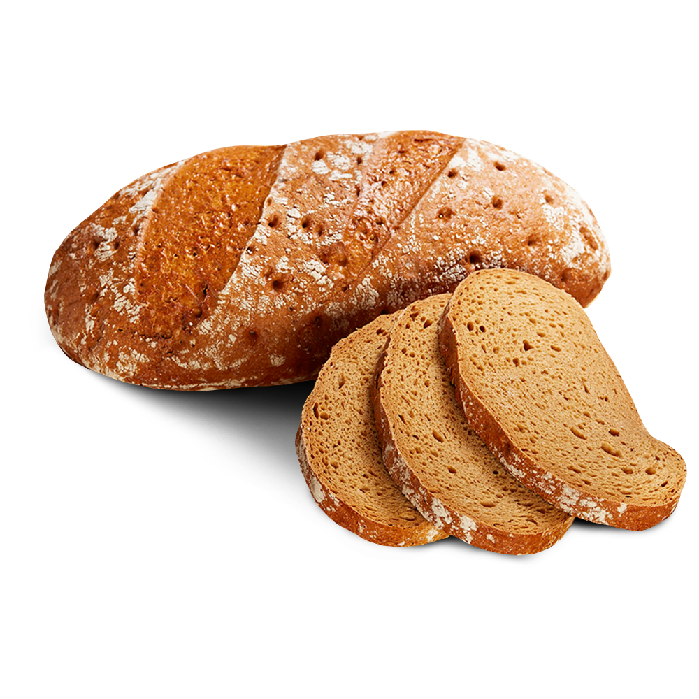 Poensgen glutenfreies Sauerteigbrot 750g Drei mittelbraune Scheiben neben einem ganzen länglichen Laib glutenfreien Sauerteigbrots