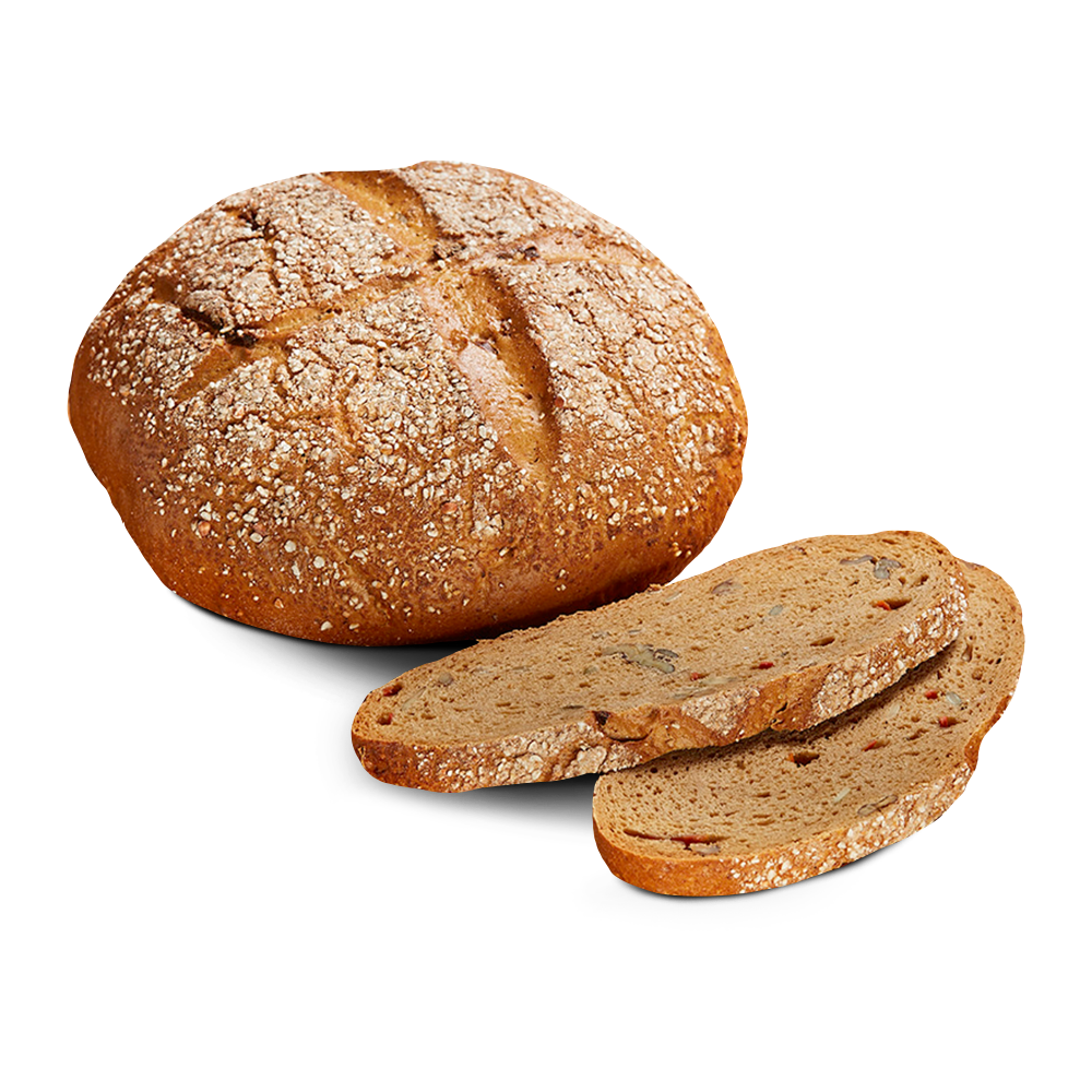 Poensgen glutenfreies Fitnessbrot Ein runder Laib frisches, glutenfreies, laktosefreies Fitnessbrot, daneben zwei Scheiben