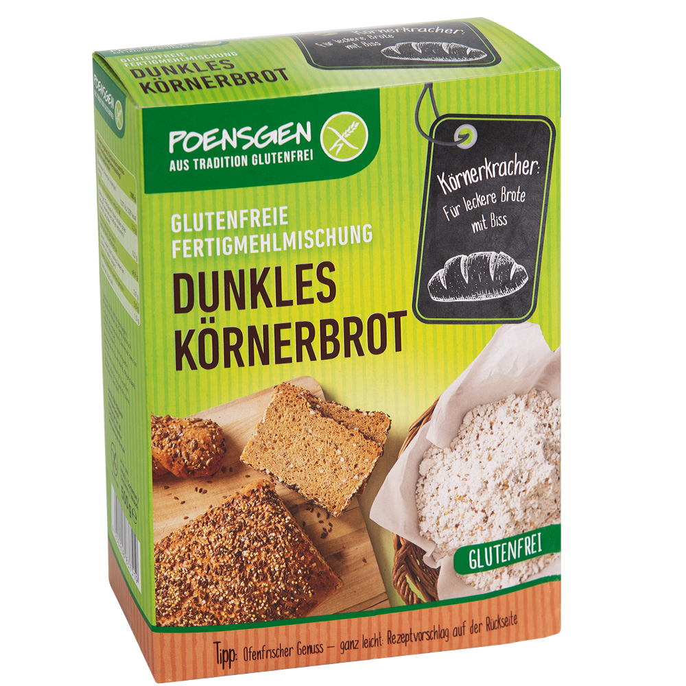 Poensgen glutenfreie Fertigmehlmischung dunkles Körnerbrot Poensgen Produktpackung für glutenfreie Fertigmehlmischung dunkles Körnerbrot