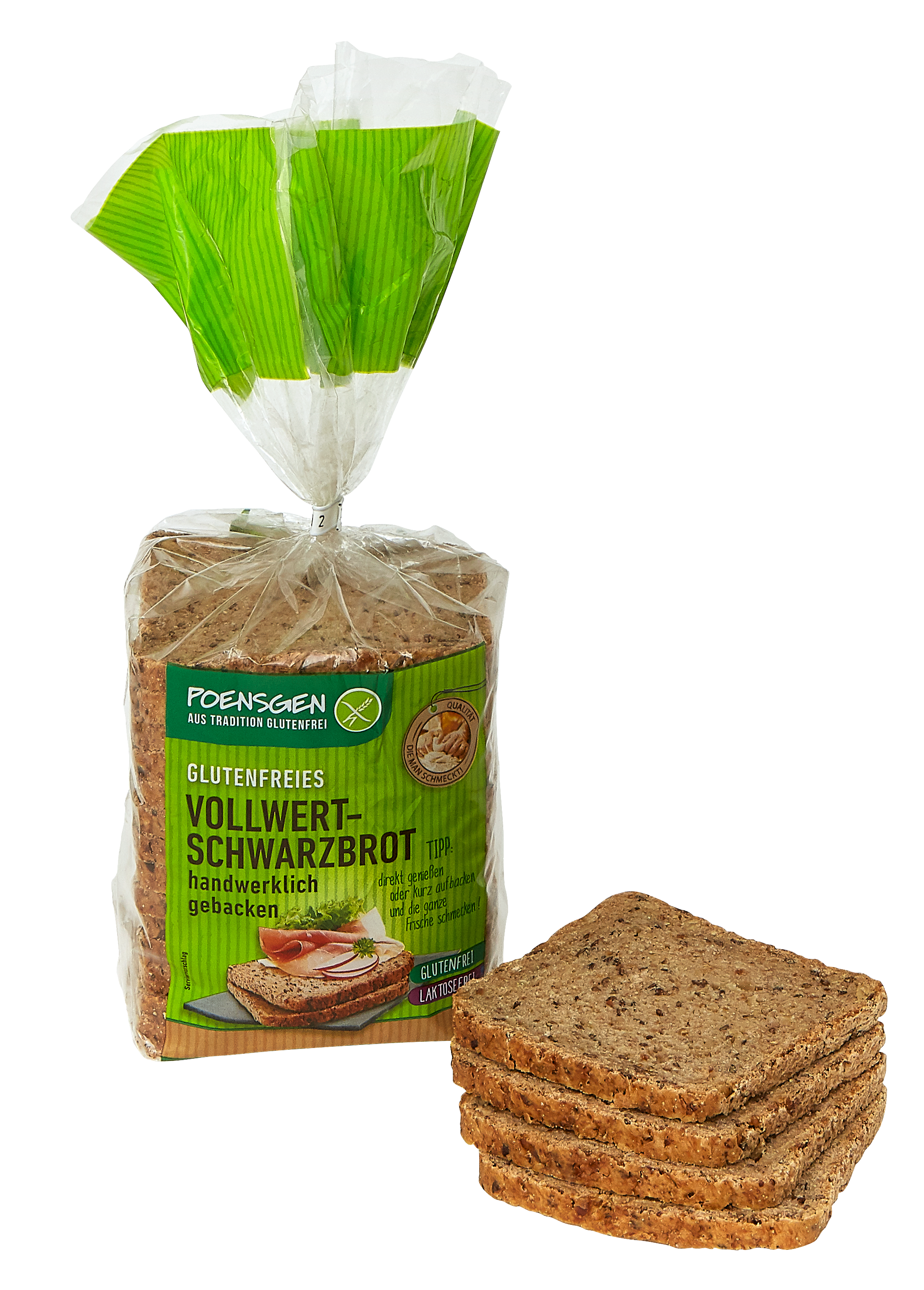 Poensgen glutenfreies Vollwert-Schwarzbrot 500g Vier eckige Scheiben glutenfreies Vollwert-Schwarzbrot neben einer transparenten Produktverpackung mit grünem Etikett