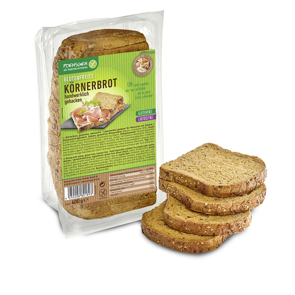 Poensgen glutenfreies Körnerbrot Körnerbrot in Verpackung mit Poensgen-Ettiket, 4 Scheiben Brot davor
