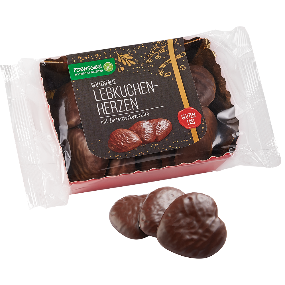 Poensgen glutenfreie Lebkuchenherzen Zartbitter 175g Drei mit Zartbitter-Schokolade überzogene Lebkuchen in Herzform neben der Produktverpackung mit dunklem, festlichen Etikett