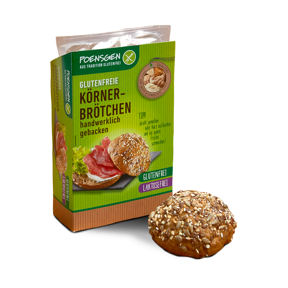 Poensgen glutenfreie, laktosefreie Körnerbrötchen, 2 x 75 g Plastikverpackung mit grün-braunem Etikett für das Poensgen glutenfreie Körnerbrötchen, ein Körnerbrötchen daneben