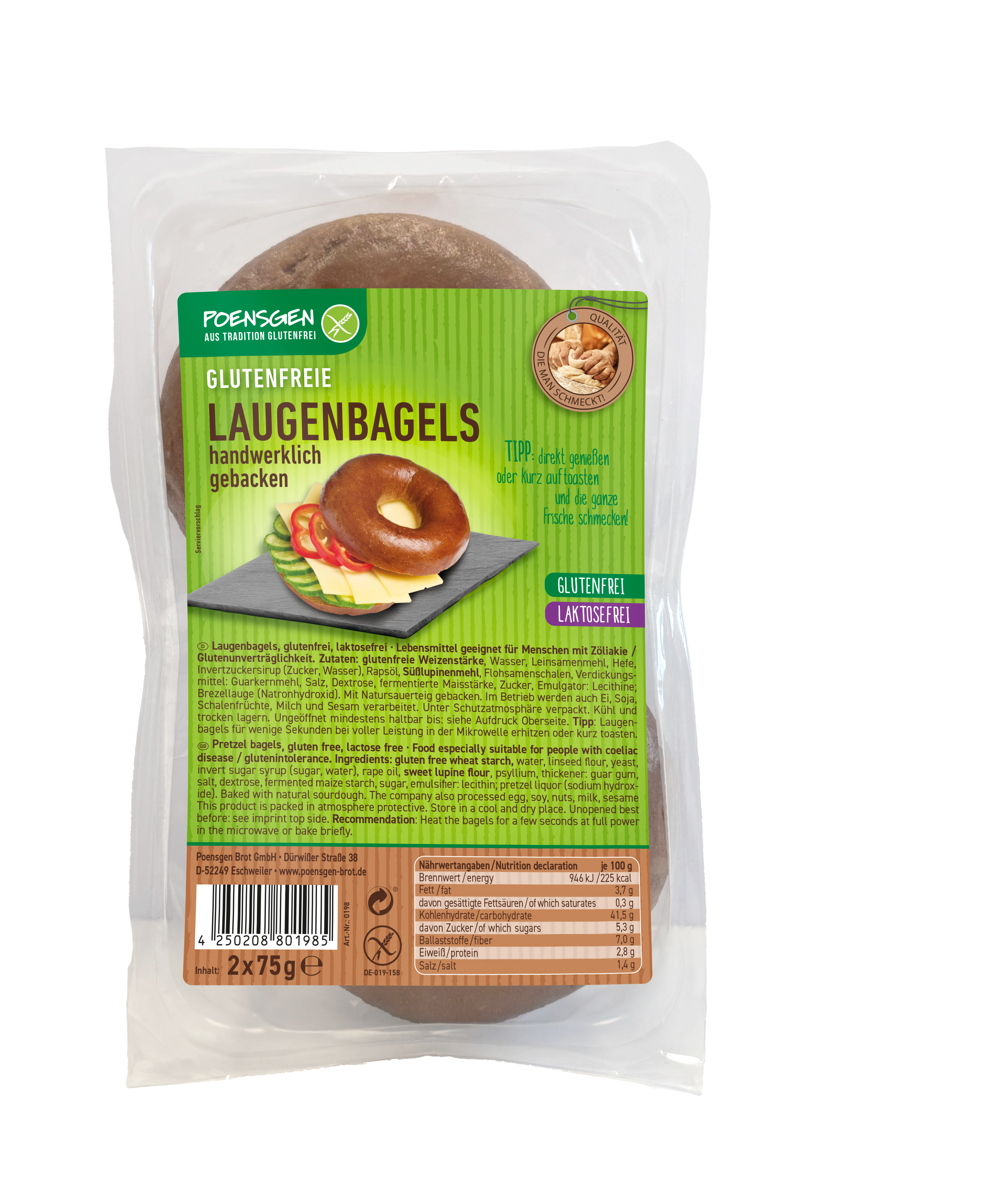 Poensgen glutenfreie Laugenbagels 2x75g Plastikverpackung mit grün-braunem Etikett für die Poensgen glutenfreien, laktosefreien, haltbaren Laugenbagels