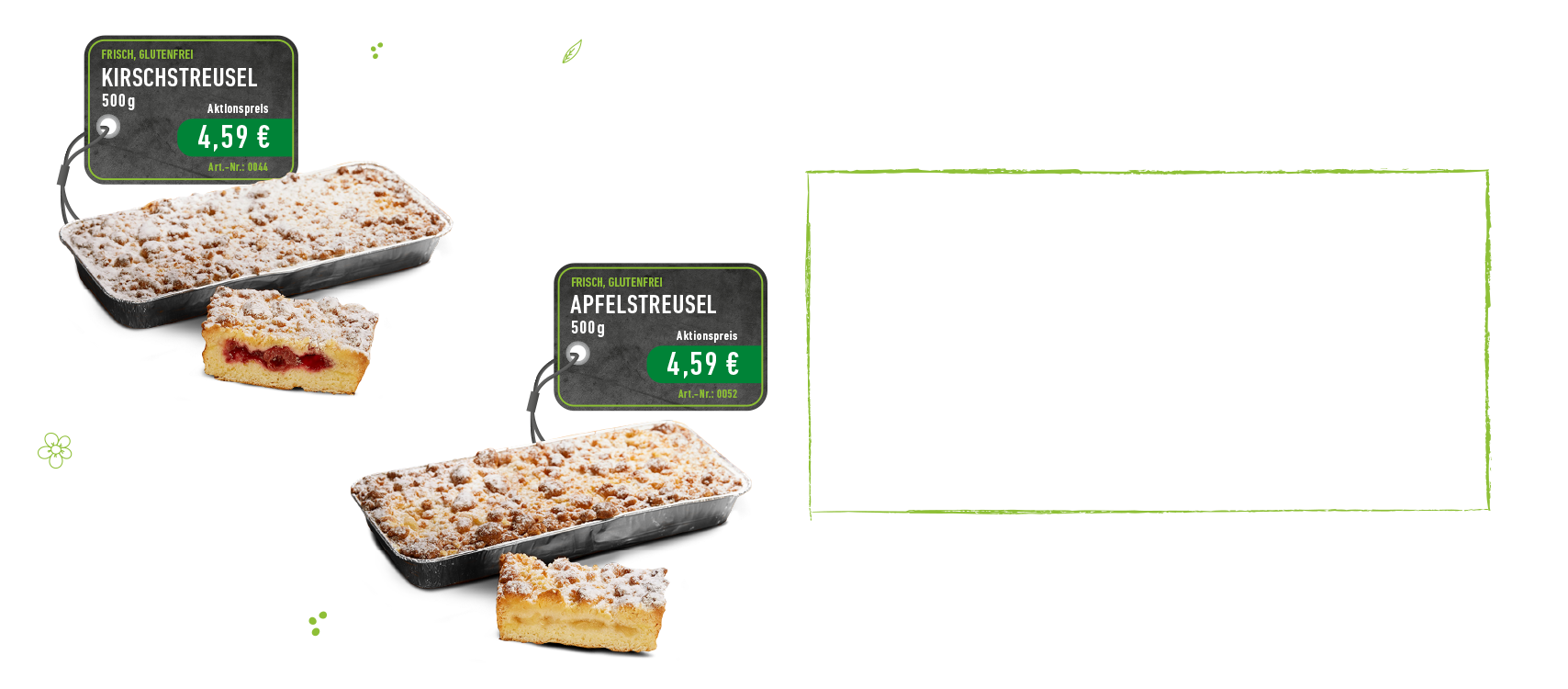 Preisknaller 1. Juli bis 31. August: glutenfreier Apfelstreusel und glutenfreier Kirschstreusel