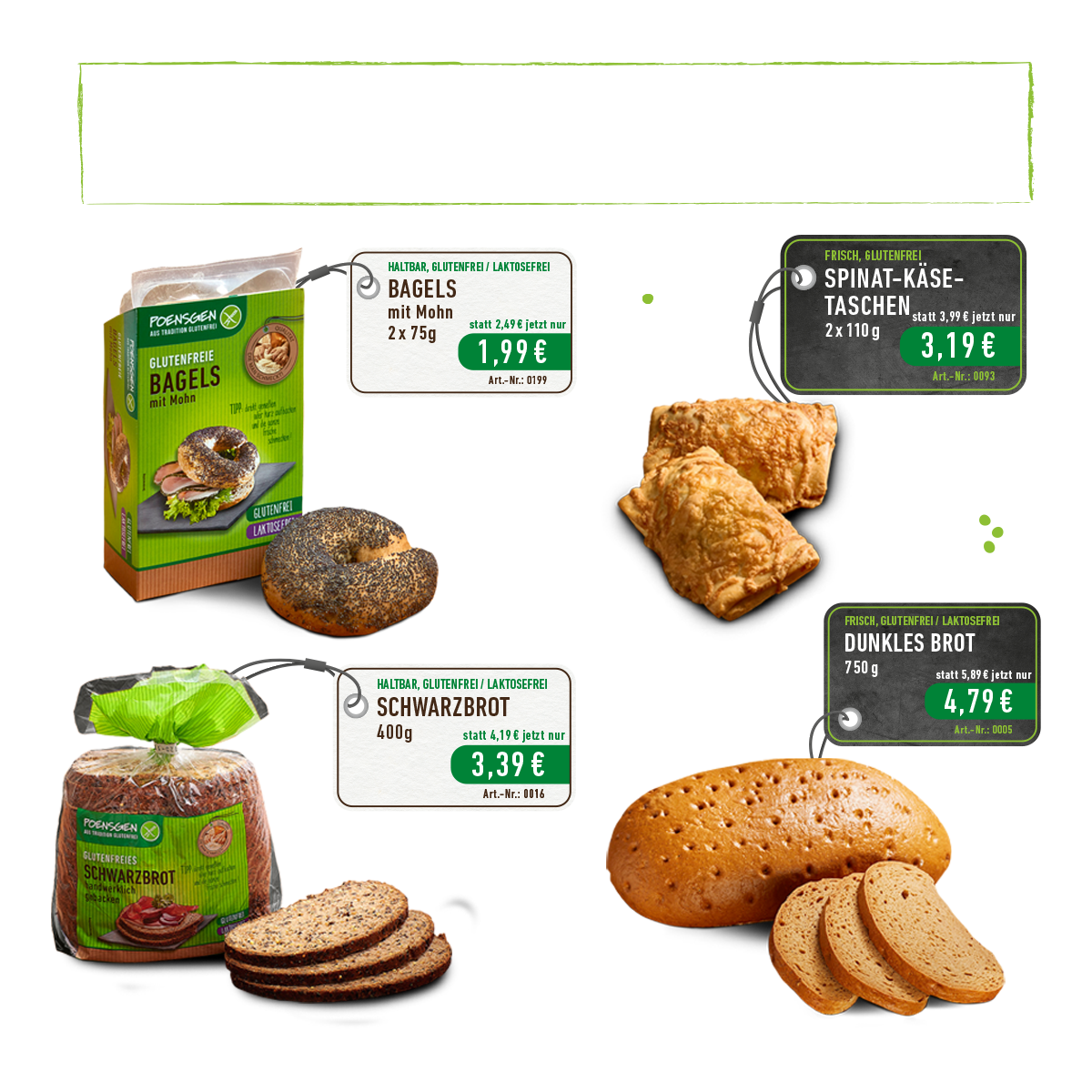 Übersicht glutenfreie Angebotsprodukte 1. Juli bis 31. August: Bagels mit Mohn, Spinat-Käse-Taschen, Schwarzbrot, dunkles Brot