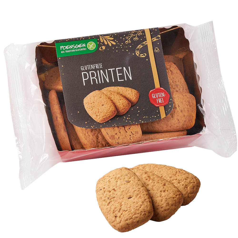Poensgen glutenfreie Printen 150g Drei goldbraune glutenfreie Printen neben der Produktverpackung mit dunklem, festlichen Etikett