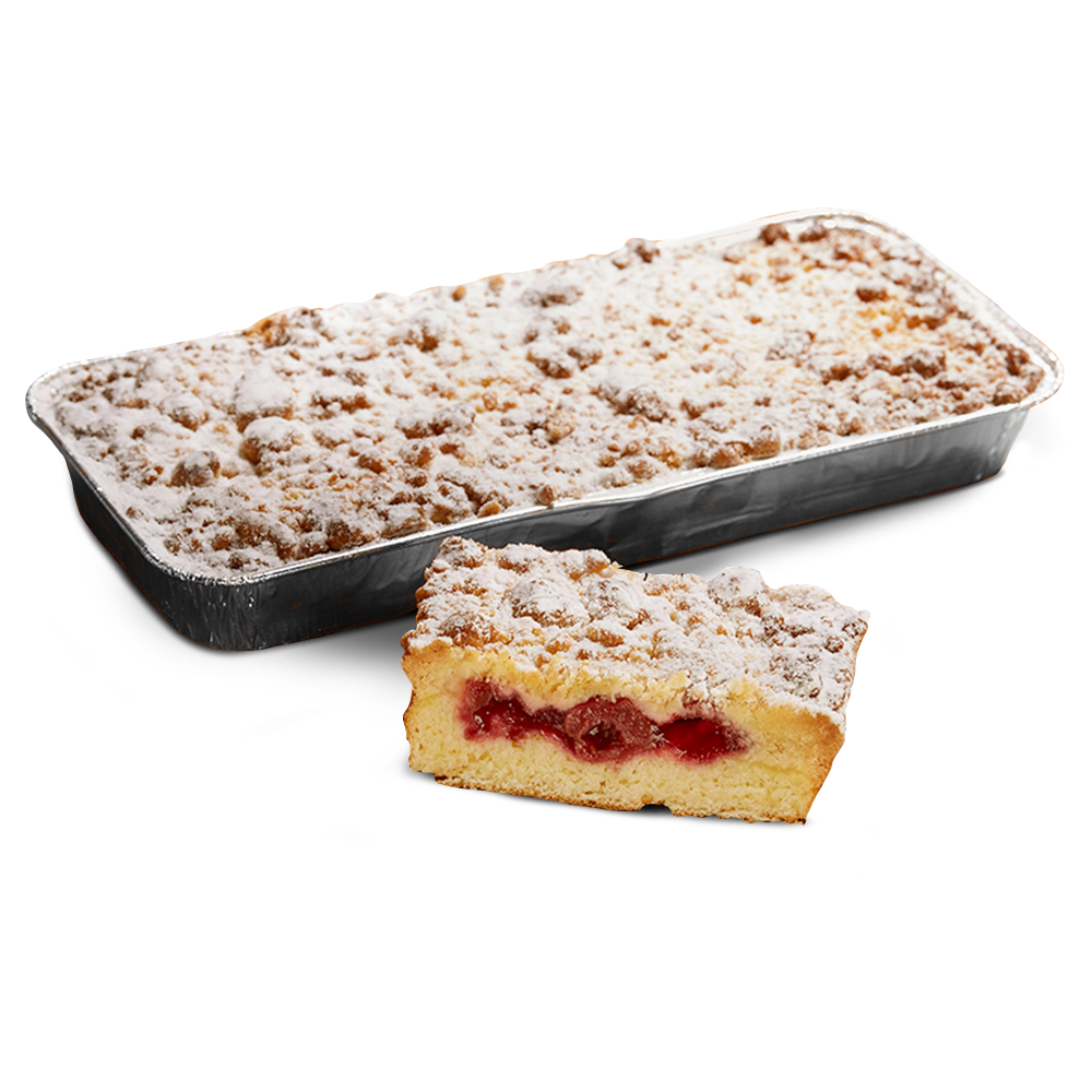 Poensgen glutenfreier Kirschstreusel Kastenförmiger, glutenfreier Kirschstreusel mit Puderzucker in Aluschale, davor ein Stück Kirschstreusel, von Poensgen