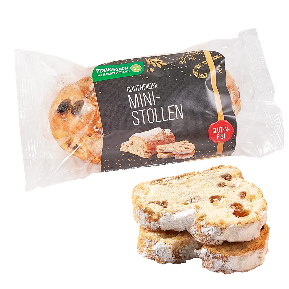 Poensgen glutenfreier Mini-Stollen 220g Zwei Scheiben Mini-Stollen mit Rosinen und Puderzucker bestäubt neben der Produktverpackung mit dunklem, festlichem Etikett