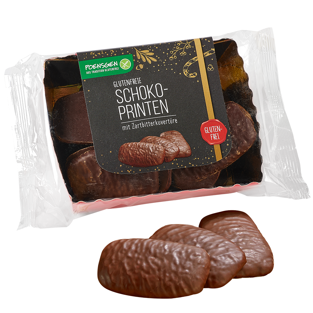 Poensgen glutenfreie Schoko-Printen 175g Drei mit Zartbitter-Schokolade überzogene Printen neben der Produktverpackung mit dunklem, festlichen Etikett