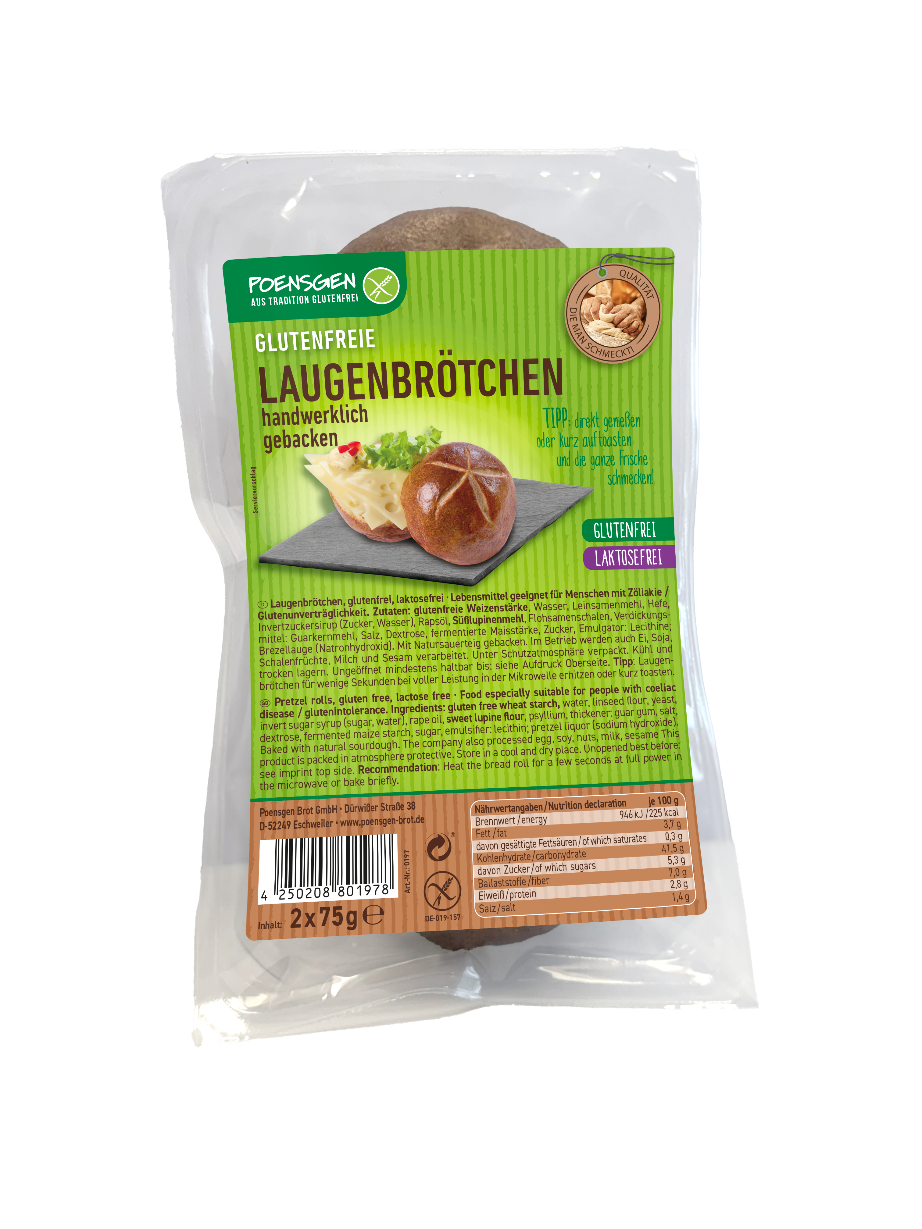 Poensgen glutenfreie Laugenbrötchen 2x75g Plastikverpackung mit grün-braunem Etikett für die Poensgen glutenfreien, laktosefreien, haltbaren Laugenbrötchen