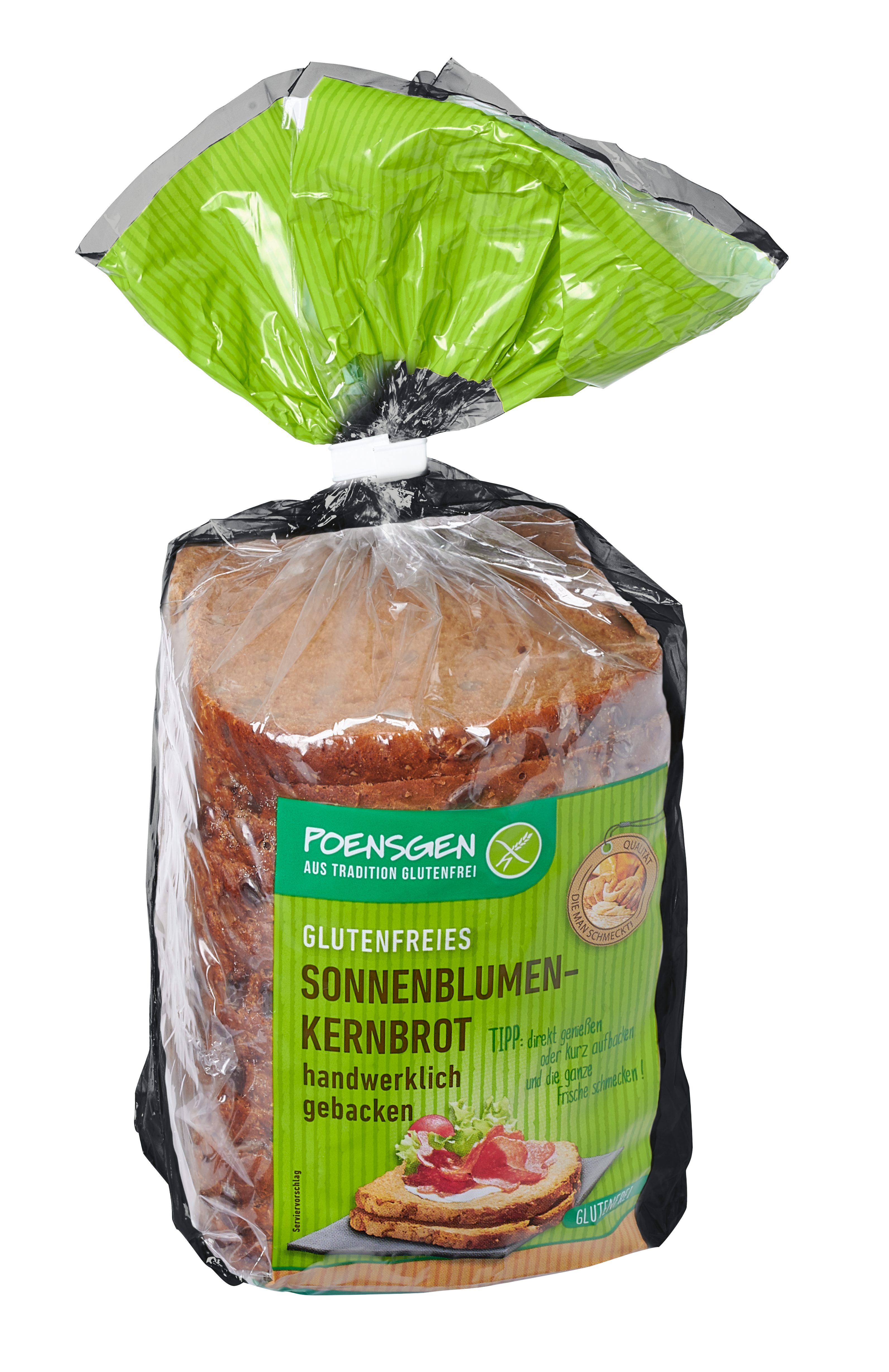 Poensgen glutenfreies Sonnenblumenkernbrot 500g Mehrere Scheiben Sonnenblumenkernbrot geschnitten in der Produkverpackung, eine transparente Brötchentüte mit grünem Etikett