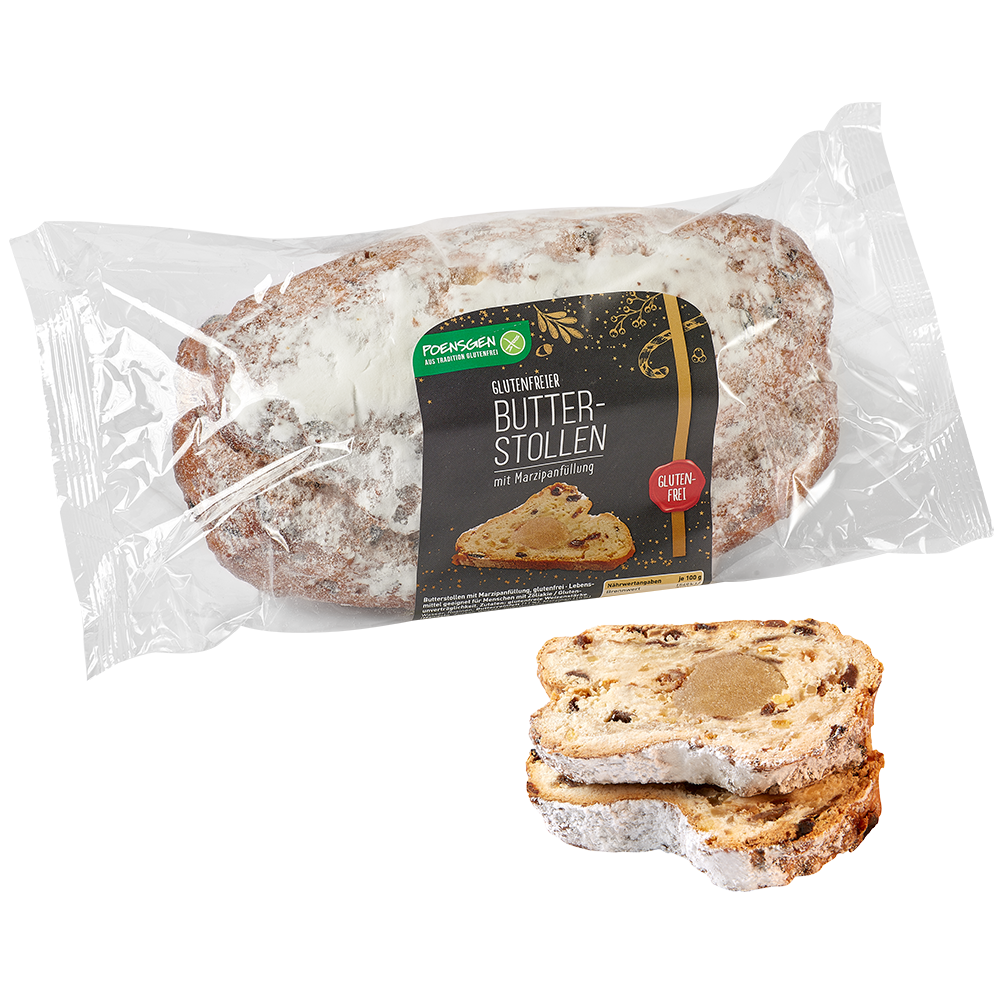 Poensgen glutenfreier Butterstollen mit Marzipan 750g Zwei Scheiben glutenfreier Butterstollen gefüllt mit Marzipan, daneben Produktverpackung mit dunklem, festlichem Etikett