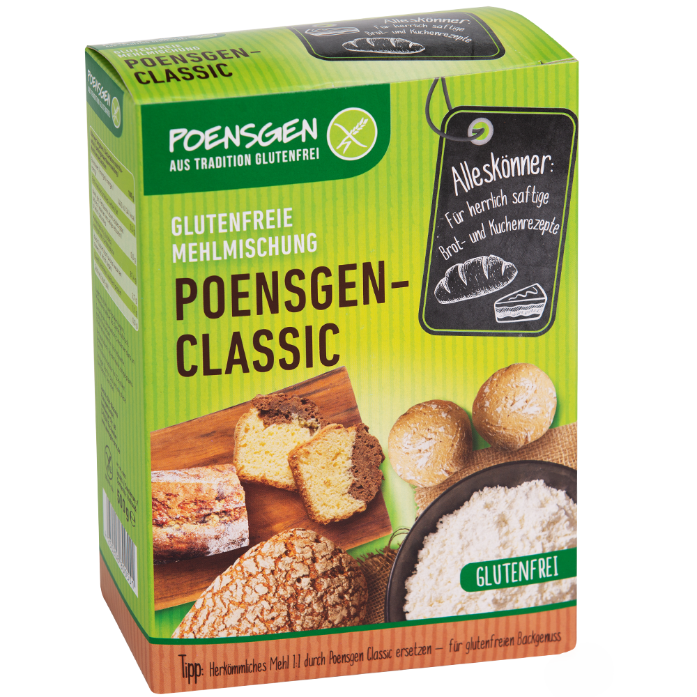 Produktverpackung Poensgen-Classic glutenfreies Mehl Grüner Karton mit Poensgen-Classic glutenfreie Mehlmischung für Backen zuhause