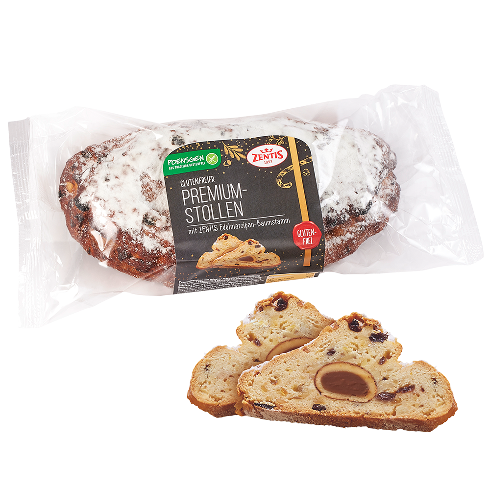 Poensgen glutenfreier Premium-Stollen 750g Zwei Scheiben glutenfreier Premium-Stollen, gefüllt mit Zentis Edelmarzipan Baumstamm mit Nougat, daneben Produktverpackung