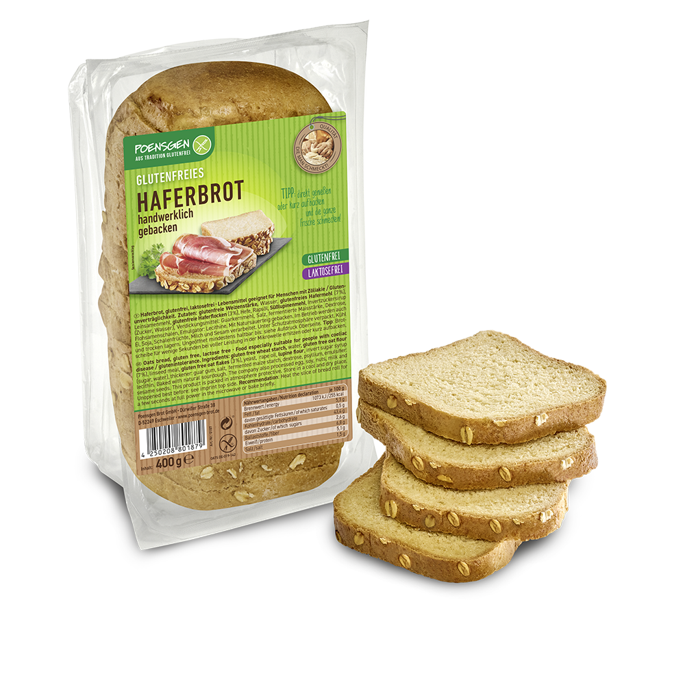 Poensgen glutenfreies Haferbrot Haferbrot in Verpackung mit Poensgen-Ettiket, 4 Scheiben Brot davor