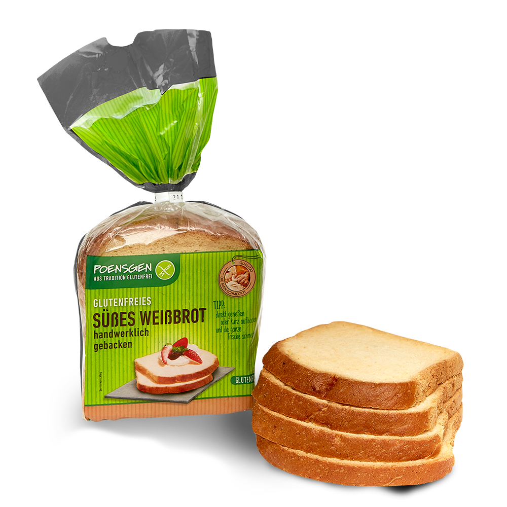 Poensgen glutenfreies süßes Weißbrot 400g Vier helle Scheiben glutenfreies süßes Weißbrot neben der Produktverpackung mit grünem Etikett