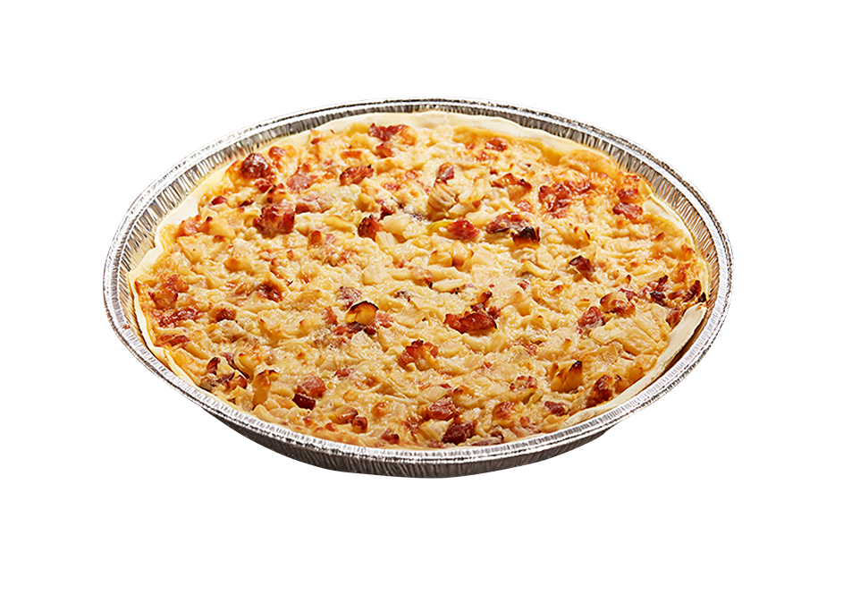 Poensgen glutenfreier Zwiebelkuchen glutenfreier Zwiebelkuchen in runder Aluschale von Poensgen