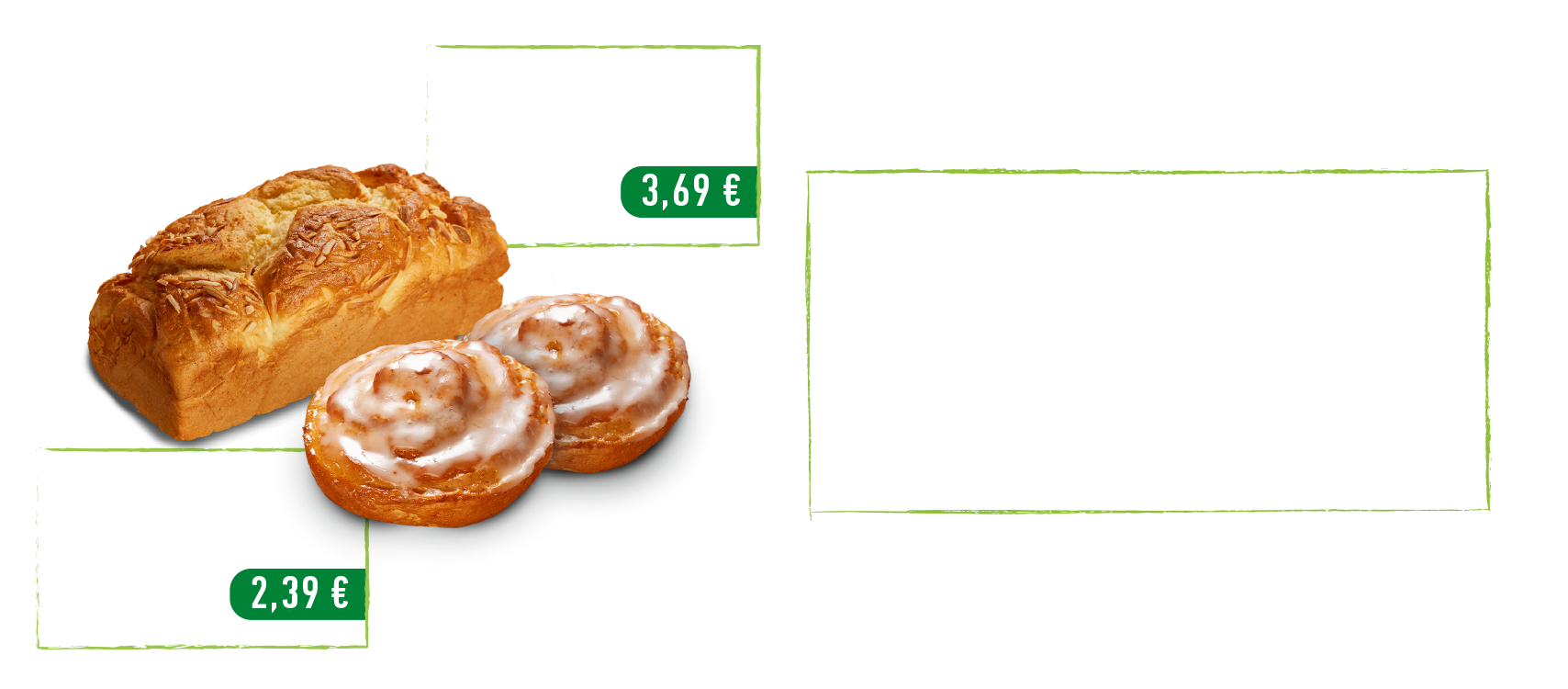 Dieses Bild zeigt die aktuellen Preisknaller. Zimtschnecken für 2,39€ und Mandelstuten für 3,69€