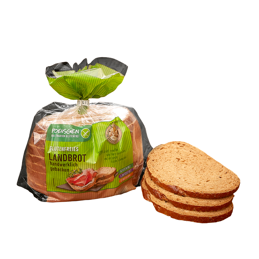 Poensgen glutenfreie Landbrot 400g Drei braune Scheiben von Poensgen Landbrot, daneben die Produktverpackung, eine transparente Brottüte mit grünem Etikett