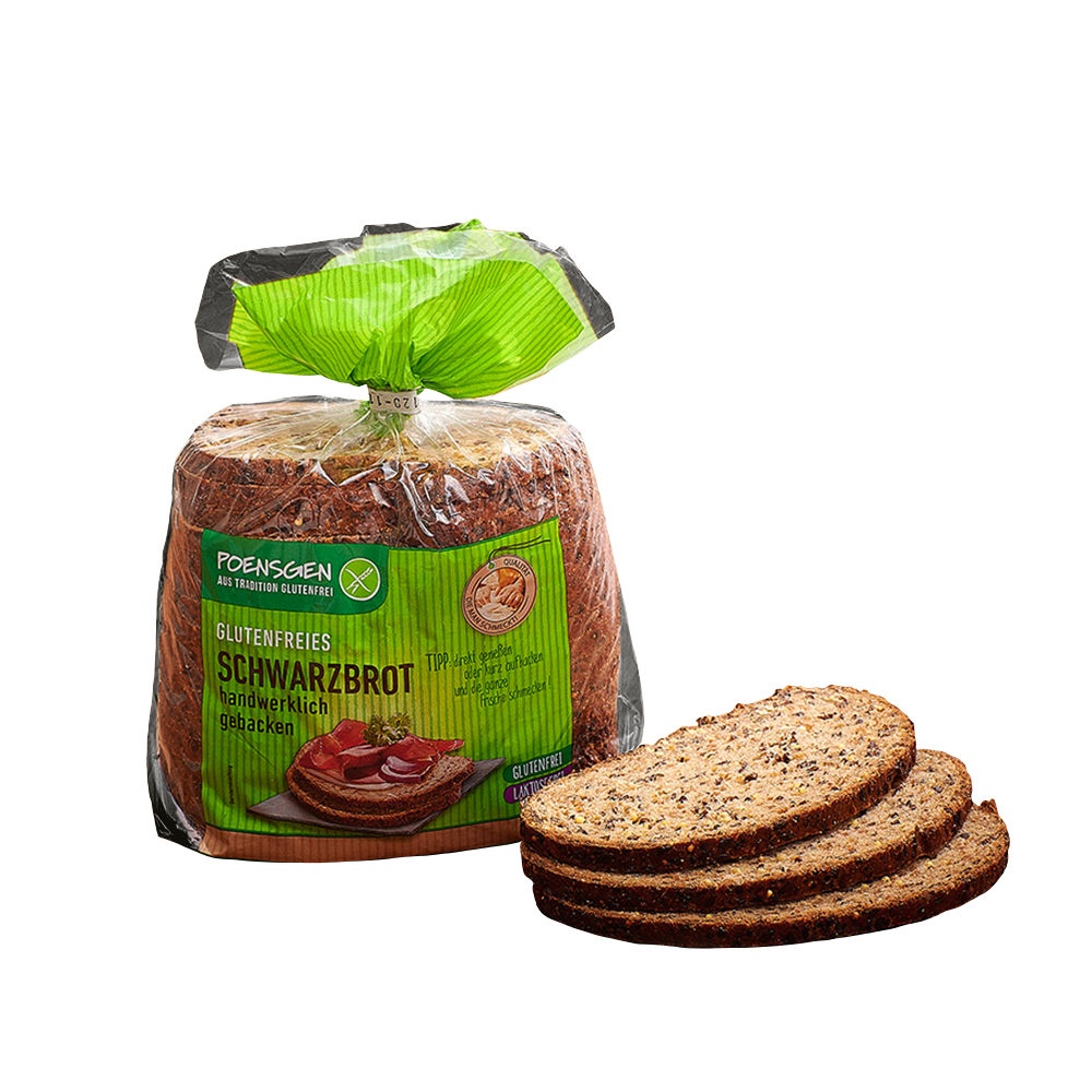 Poensgen glutenfreies, laktosefreies Schwarzbrot, 400 g Drei braune Scheiben von Poensgen Schwarzbrot, daneben die Produktverpackung, eine transparente Brottüte mit grünem Etikett