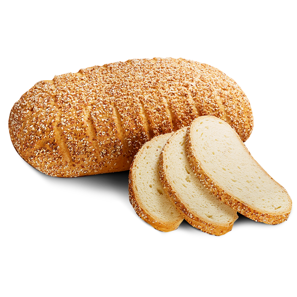 Poensgen glutenfreies Krustenbrot Ein ovaler Laib frisches, glutenfreies, laktosefreies Krustenbrot, daneben drei Scheiben