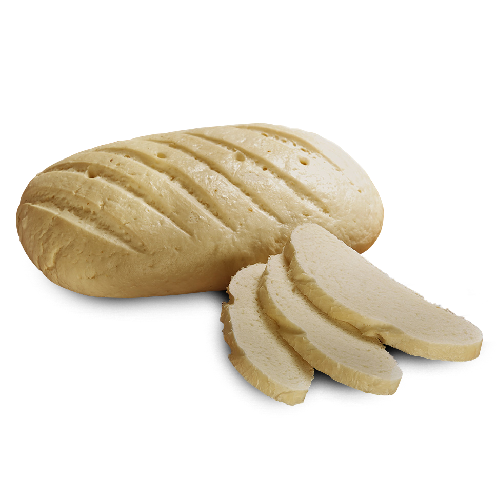 Poensgen glutenfreies, laktosefreies Weissbrot, 750 g Ein ovaler Laib frisches, glutenfreies, laktosefreies Weissbrot, daneben zwei Scheiben