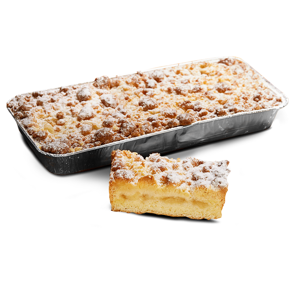 Poensgen glutenfreier Apfelstreusel glutenfreier Apfelstreuselkuchen mit Puderzucker von Poensgen in kastenförmiger Aluschale, ein Stück Apfelstreuselkuchen liegt davor