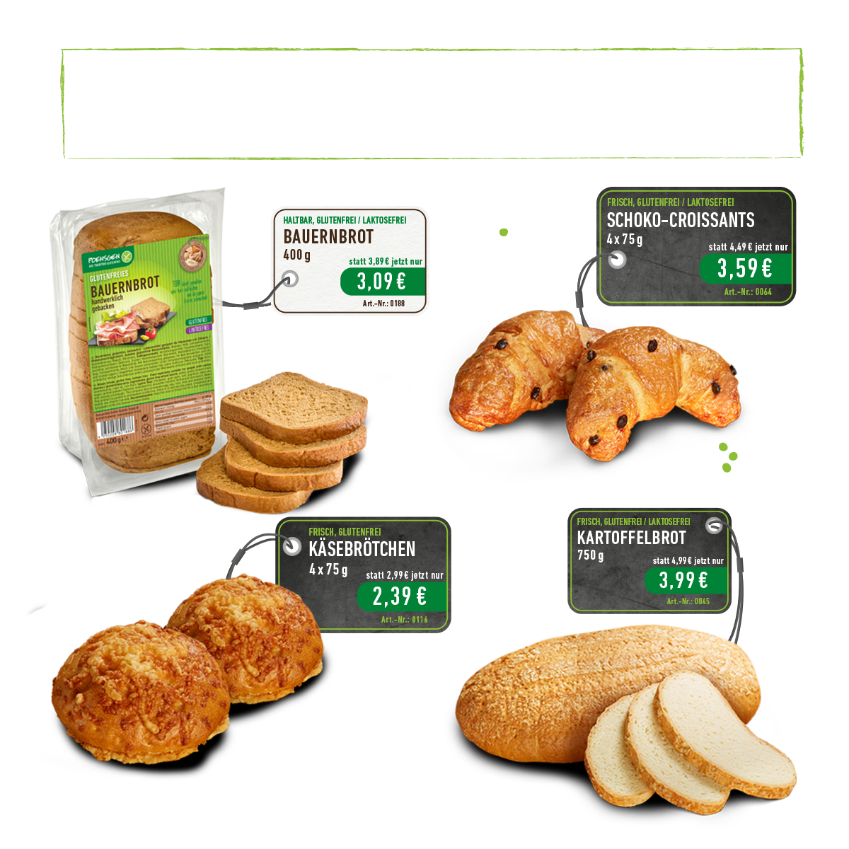 Glutenfreie Angebotsprodukte Januar bis einschließlich Februar 2026: Bauernbrot, Kartoffelbrot, Käsebrötchen, Schoko-Croissants