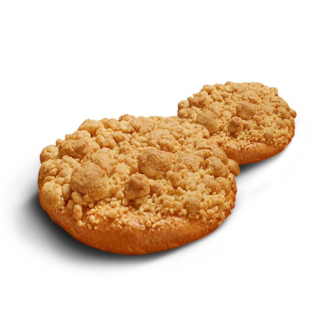 Poensgen glutenfreie Streuseltaler 2x110g Zwei runde, goldgelbe glutenfreie Streuseltaler mit vielen dicken Streuseln obendrauf