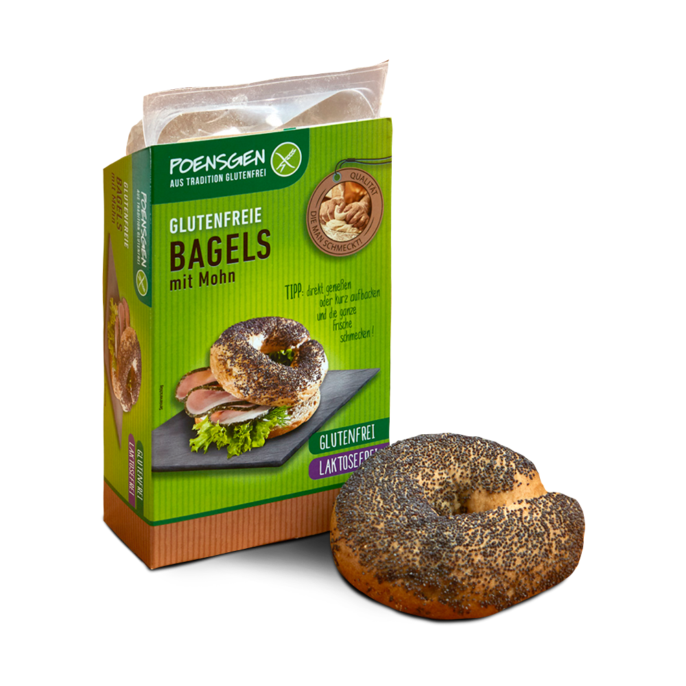 Poensgen glutenfreie, laktosefreie Bagels mit Mohn, 2 x 75 g Ein goldbraun gebackene glutenfreie, laktosefreie Bagel mit Mohn neben der Poensgen Produktpackung
