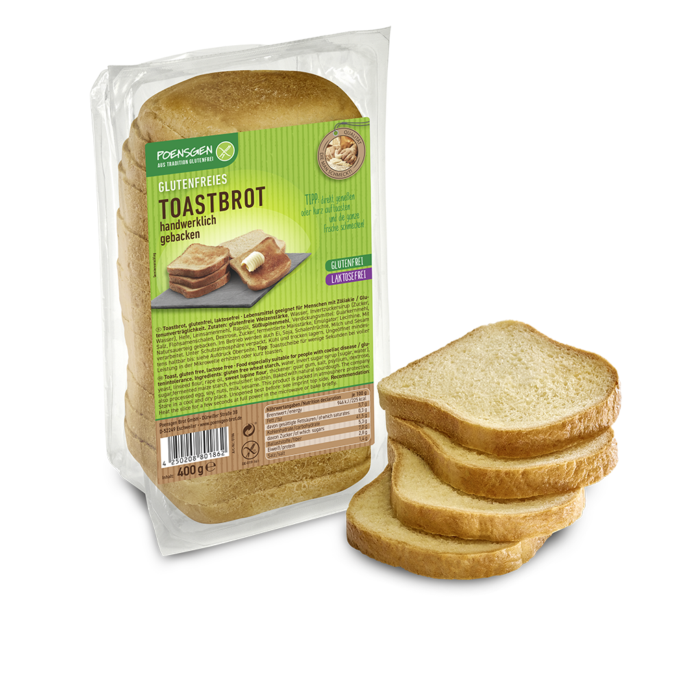 Toastbrot in Verpackung mit Poensgen-Ettiket, 4 Scheiben Brot davor