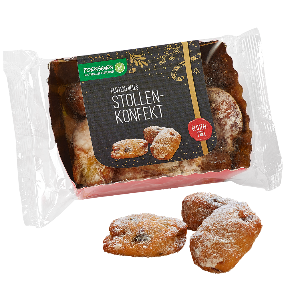 Poensgen glutenfreies Stollenkonfekt 150g Drei Stückchen Stollenkonfekt mit Puderzucker bestäubt neben der Produktverpackung mit dunklem, festlichen Etikett