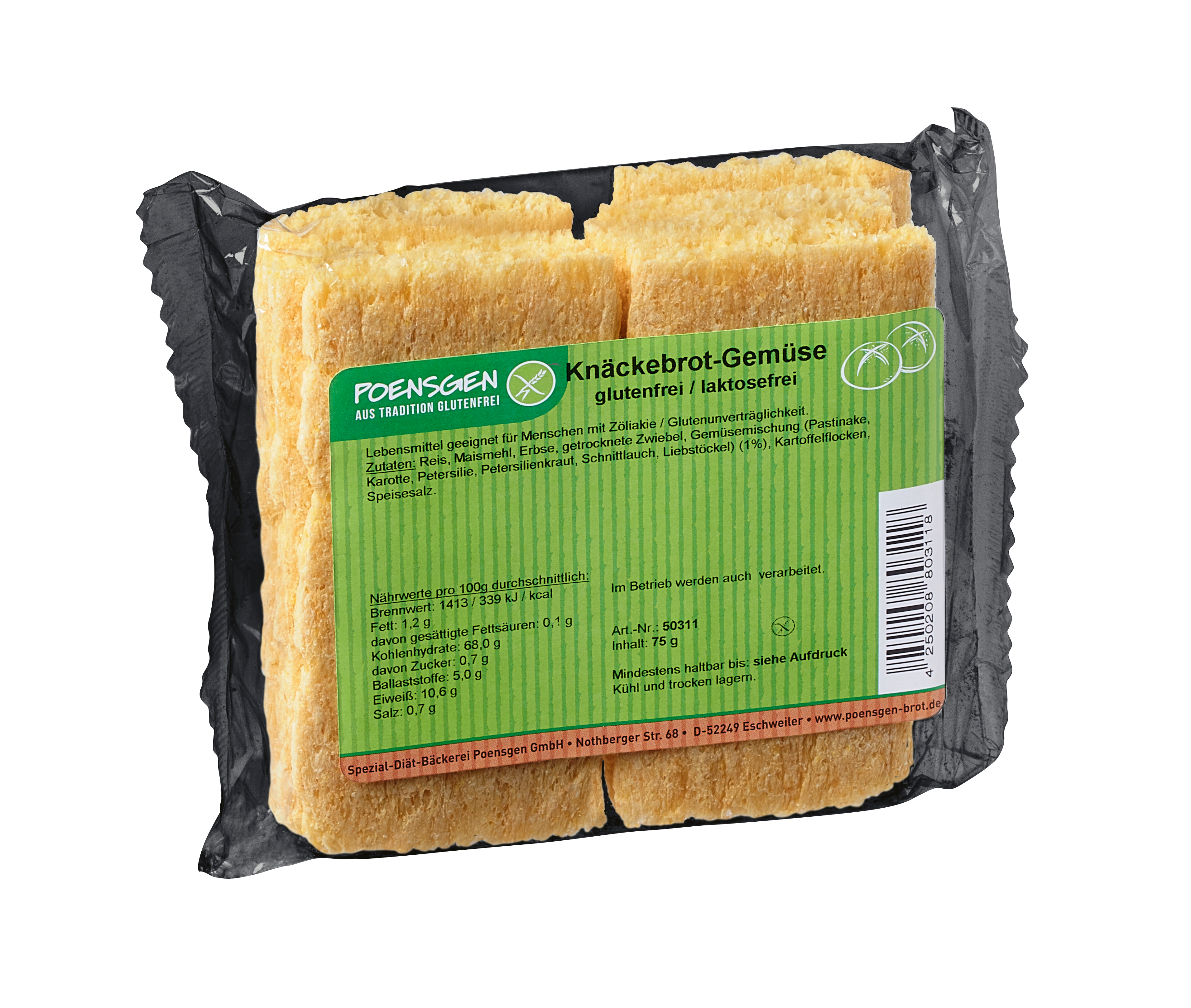 Poensgen glutenfreies Knäckebrot Gemüse Plastikverpackung mit grün-braunem Etikett für das Poensgen glutenfreies Knäckebrot Gemüse