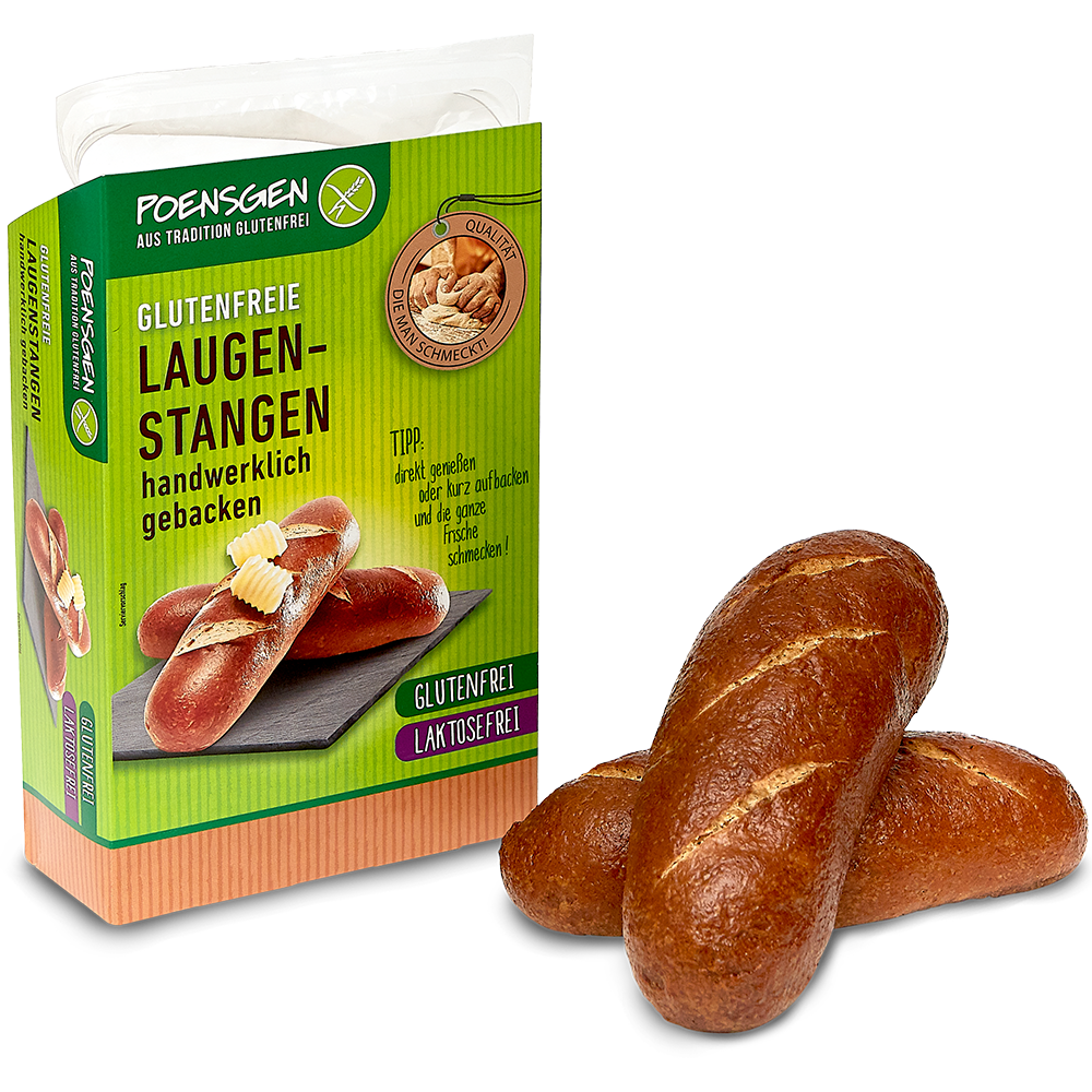 Poensgen glutenfreie Laugenstangen 2x75g Zwei dunkelbraune glutenfreie Laugenstangen in länglicher Form neben der Produktverpackung mit grünem Schuber