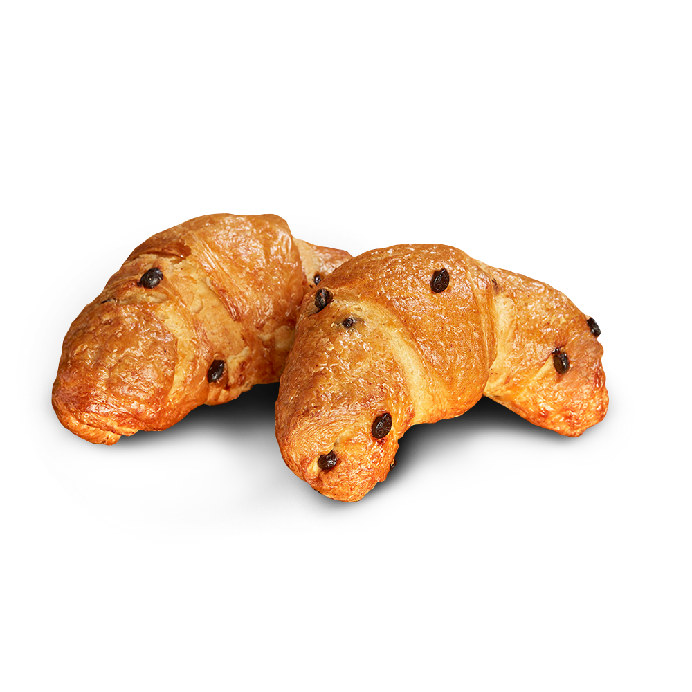 Poensgen glutenfreie Schoko-Croissants 4x75g Zwei goldgelbe, halbmondförmige Schoko-Croissants mit Schokoladenstückchen
