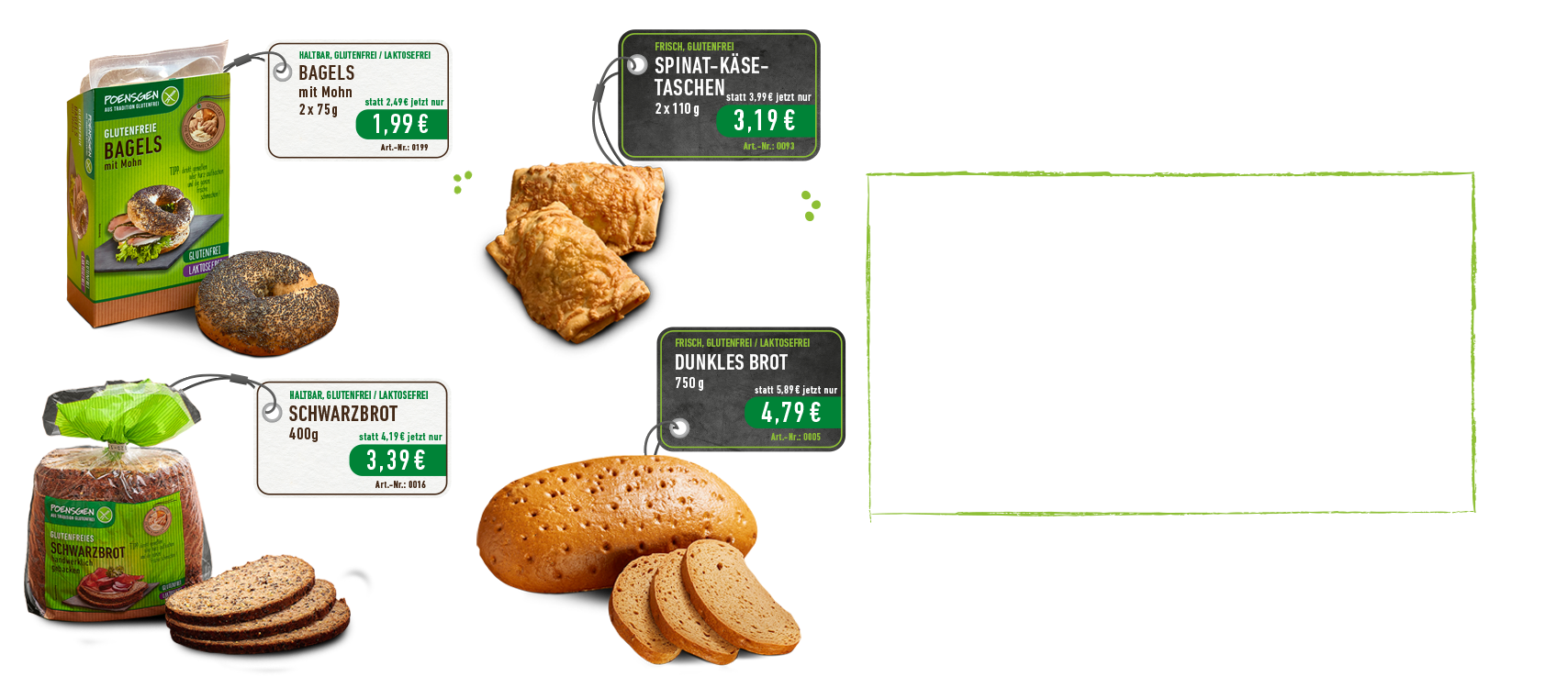 Übersicht glutenfreie Angebotsprodukte 1. Juli bis 31. August: Bagels mit Mohn, Spinat-Käse-Taschen, Schwarzbrot, dunkles Brot