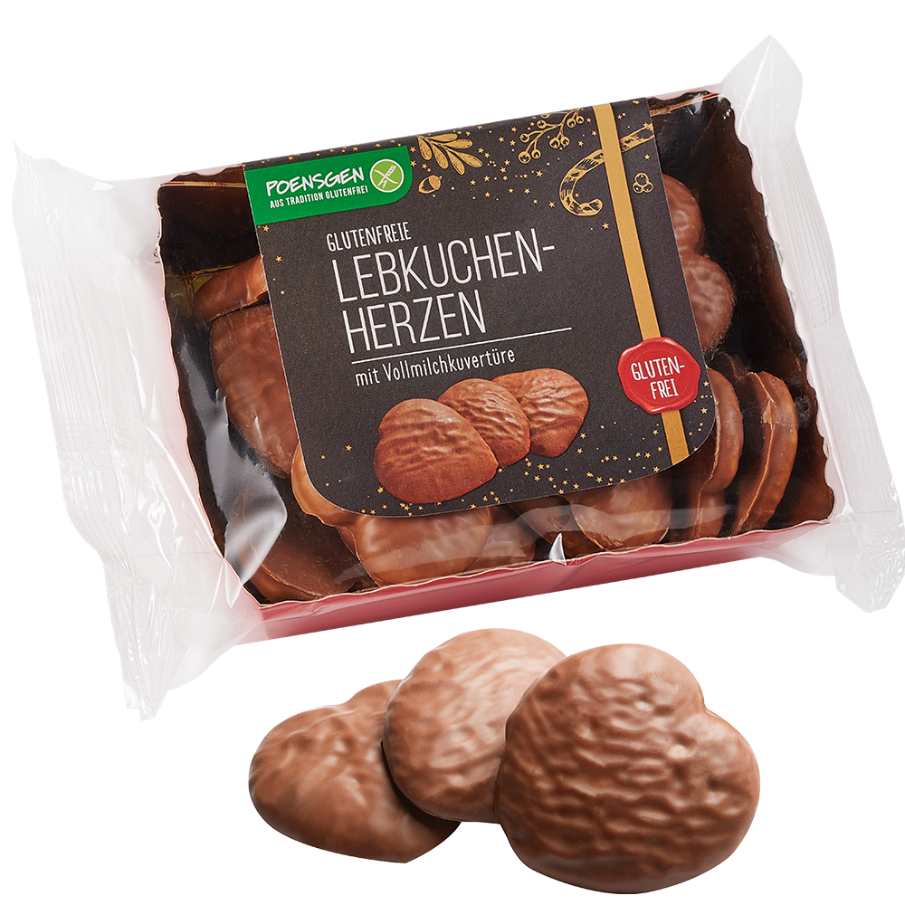 Poensgen glutenfreie Lebkuchenherzen Vollmilch 175g Drei mit Vollmilch-Schokolade überzogene Lebkuchen in Herzform neben der Produktverpackung mit dunklem, festlichen Etikett