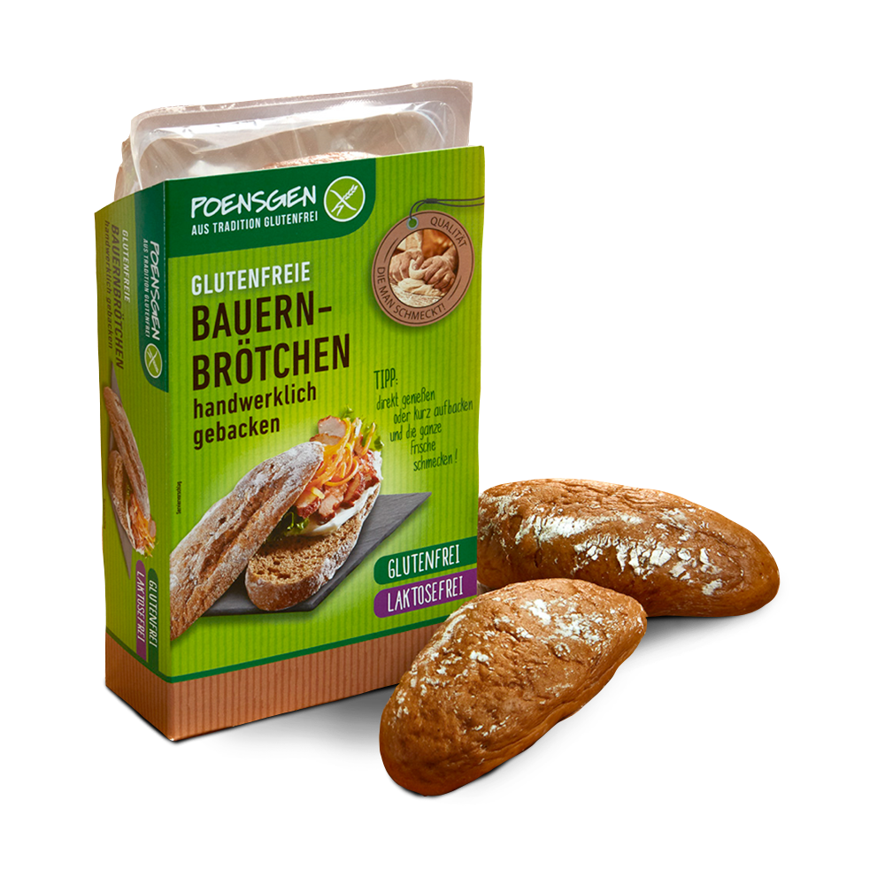 Poensgen glutenfreie, laktosefreie Bauernbrötchen, 2 x 75 g Zwei glutenfreie, laktosefreie Bauernbrötchen neben der Poensgen Produktpackung