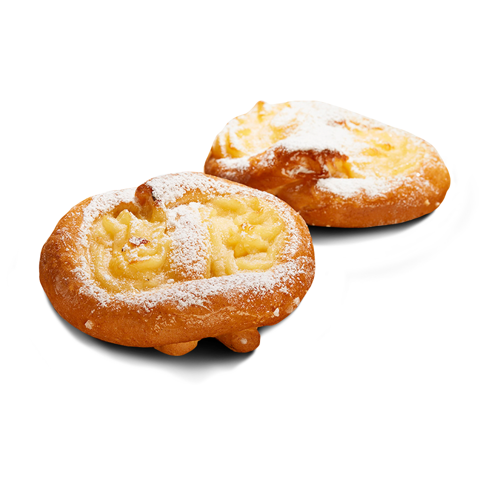 Poensgen glutenfreie Puddingbrezeln 2x110g Zwei glutenfreie Puddingbrezeln in typischer Brezelform mit Pudding gefüllt und Puderzucker bestäubt