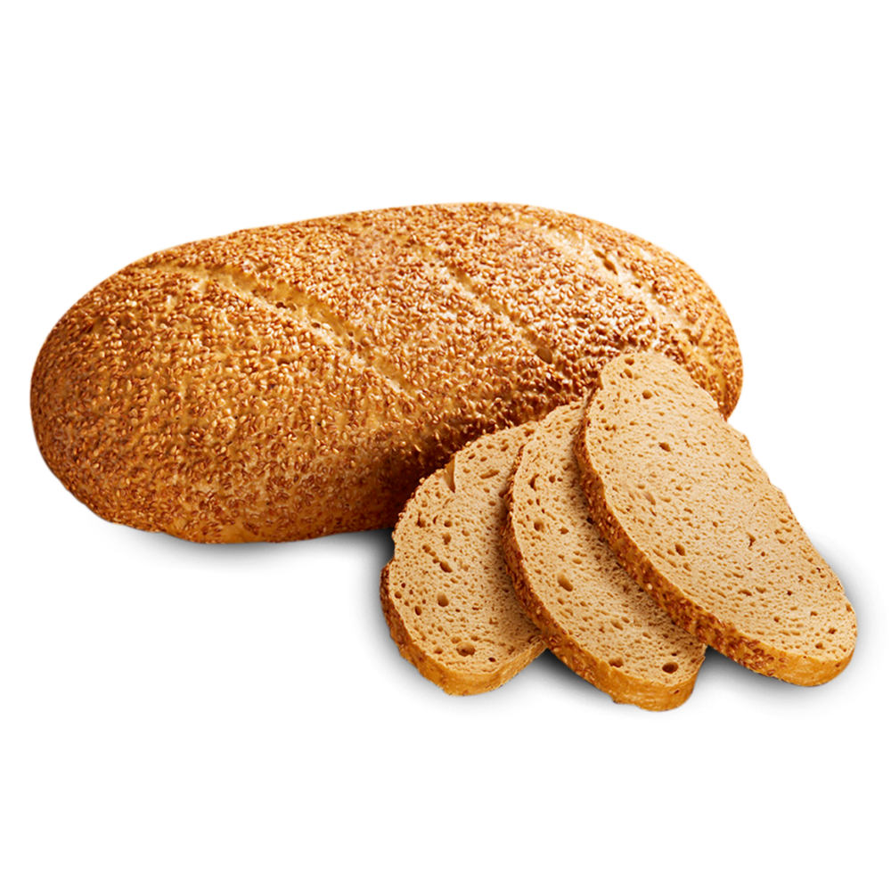Poensgen glutenfreies, laktosefreies, eiweissarmes Sesambrot, 750 g Ein ovaler Laib frisches, glutenfreies, laktosefreies Sesambrot, daneben drei Scheiben